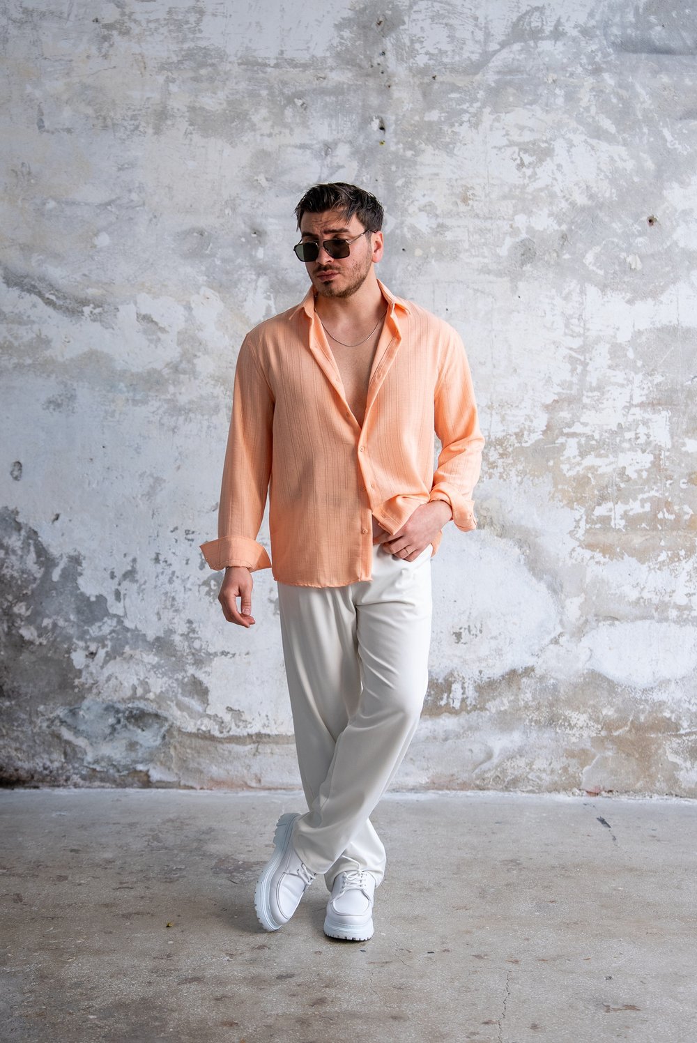 Kendinden Çizgili  Oversize Gömlek Turuncu