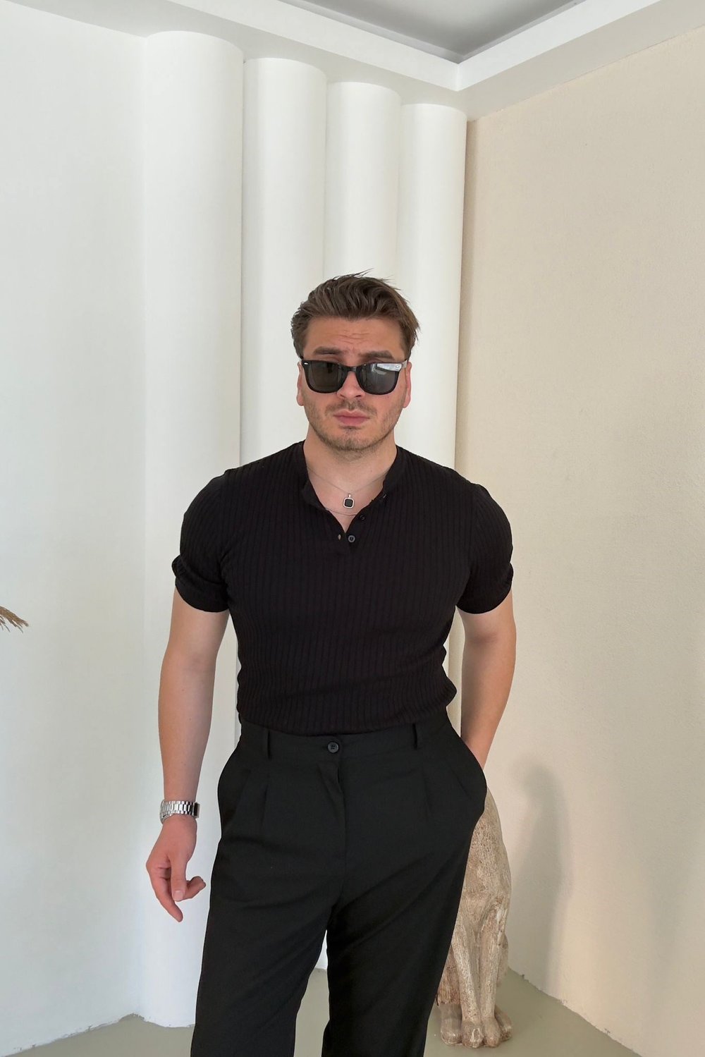Kendinden Çizgili Yaka Düğmeli Triko Tshirt Siyah