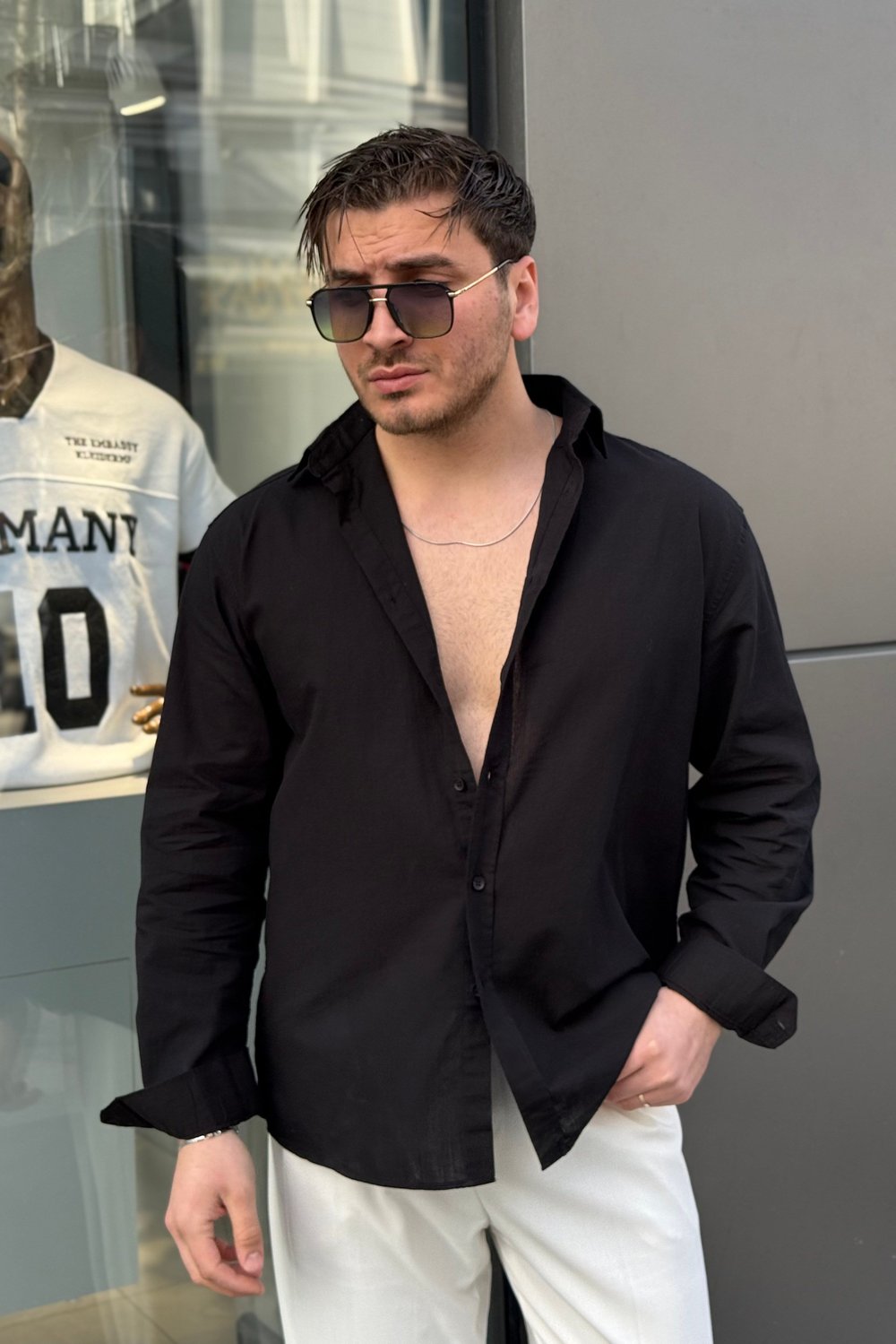 Keten Oversize Yaka Düğmeli Gömlek Siyah