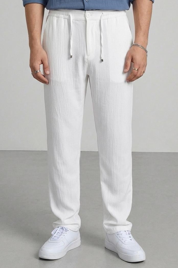 Müslin Kumaş Regular Kalıp Pantolon Beyaz