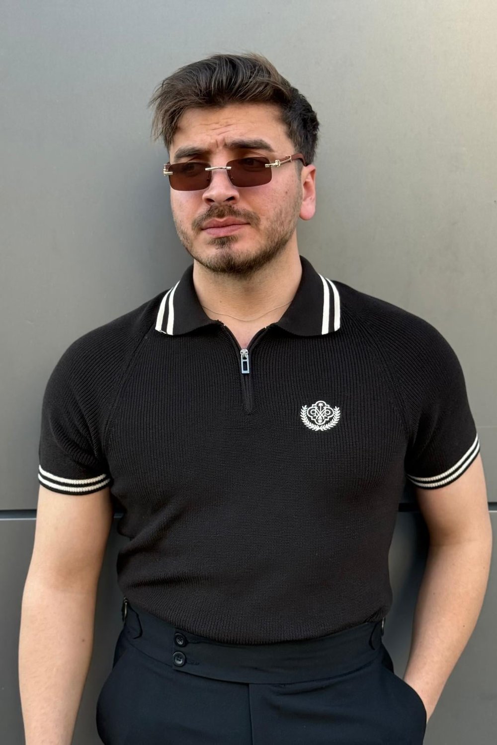 Nakışlı Polo Yaka Triko Tshirt Kahve