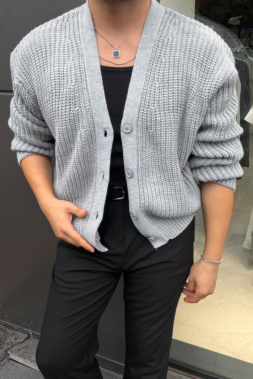 Örme Oversize Basic Hırka Gri
