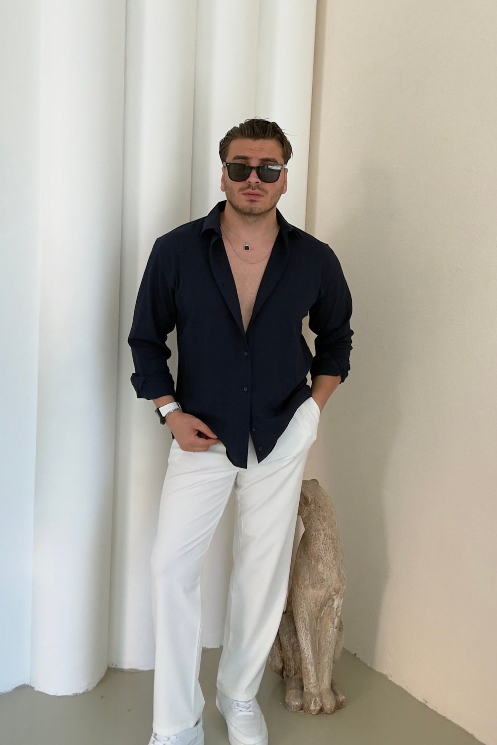 Pamuk Kumaş Regular Fit Kendinden Çizgili Gömlek Lacivert