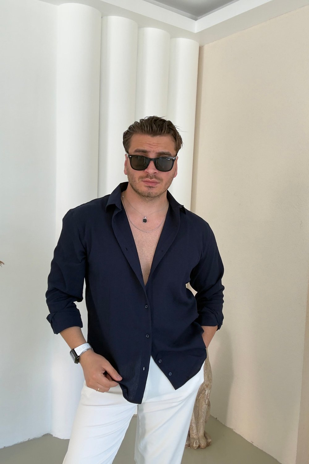 Pamuk Kumaş Regular Fit Kendinden Çizgili Gömlek Lacivert