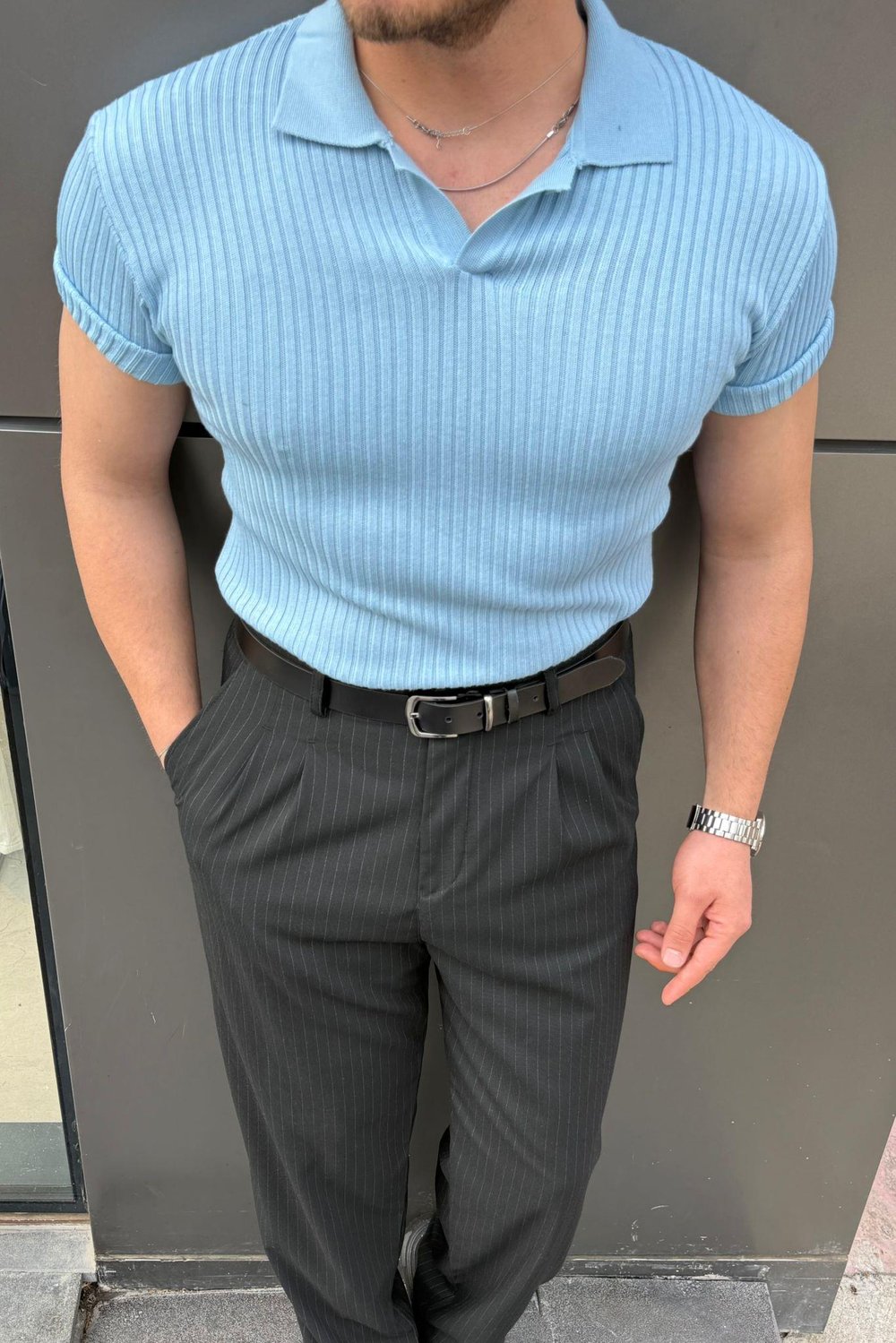 Polo Yaka Fitilli Triko Tshirt Bebe Mavisi