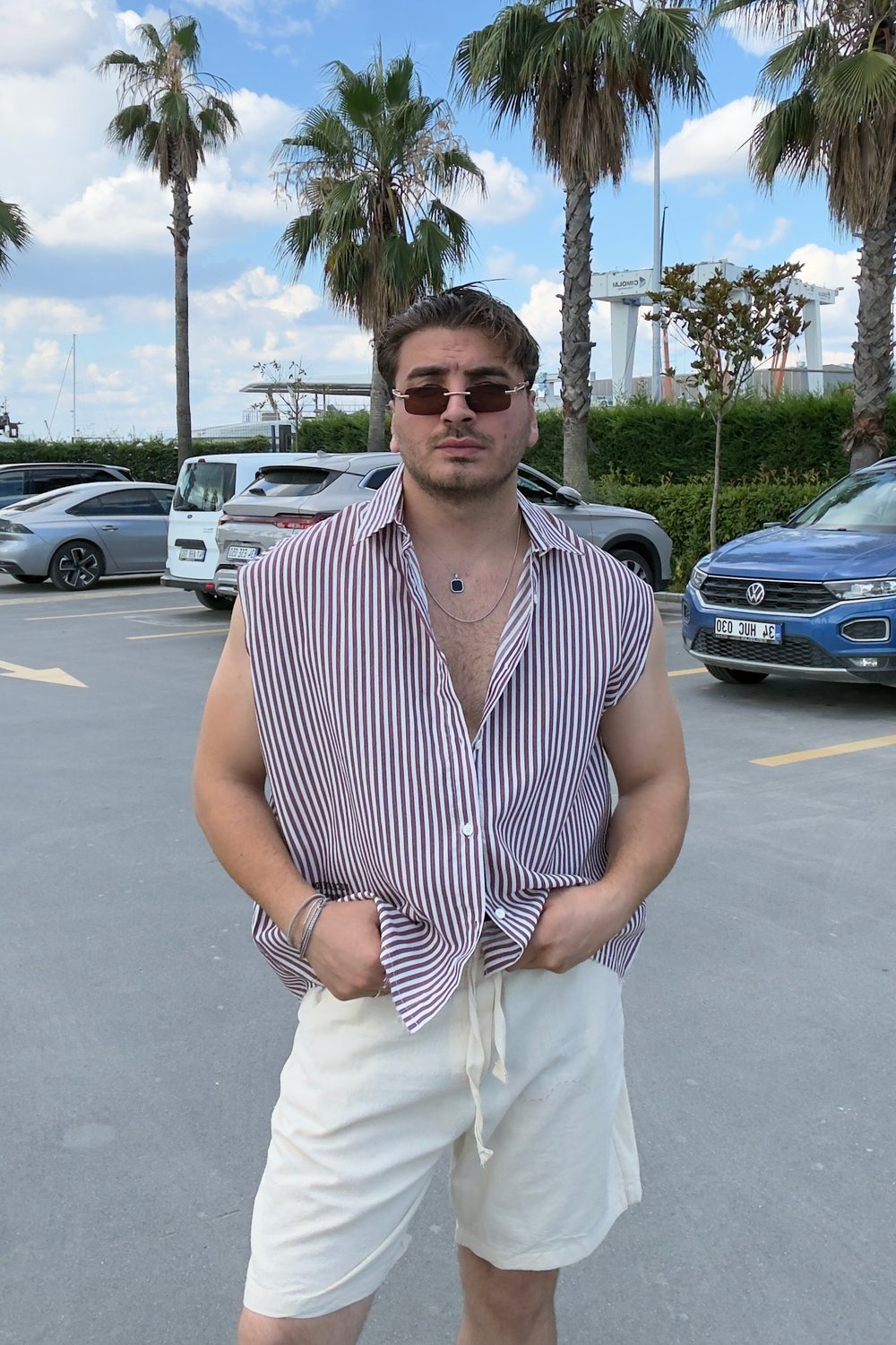 Sıfır Kol Çizgili Rahat Kalıp Gömlek Bordo