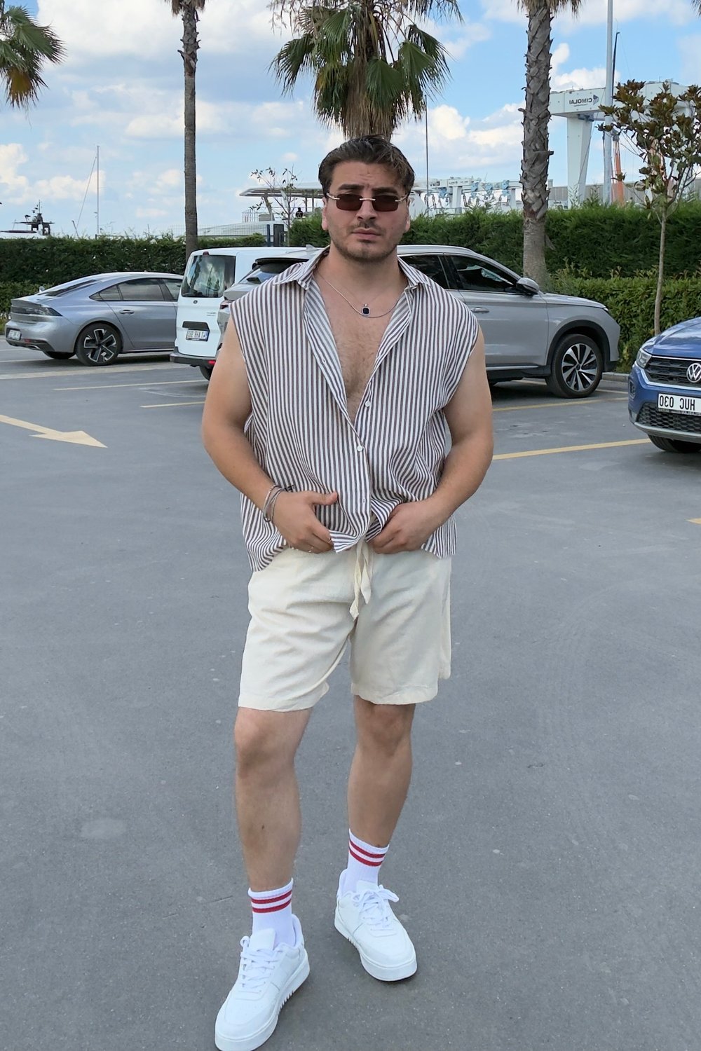 Sıfır Kol Çizgili Rahat Kalıp Gömlek Kahve