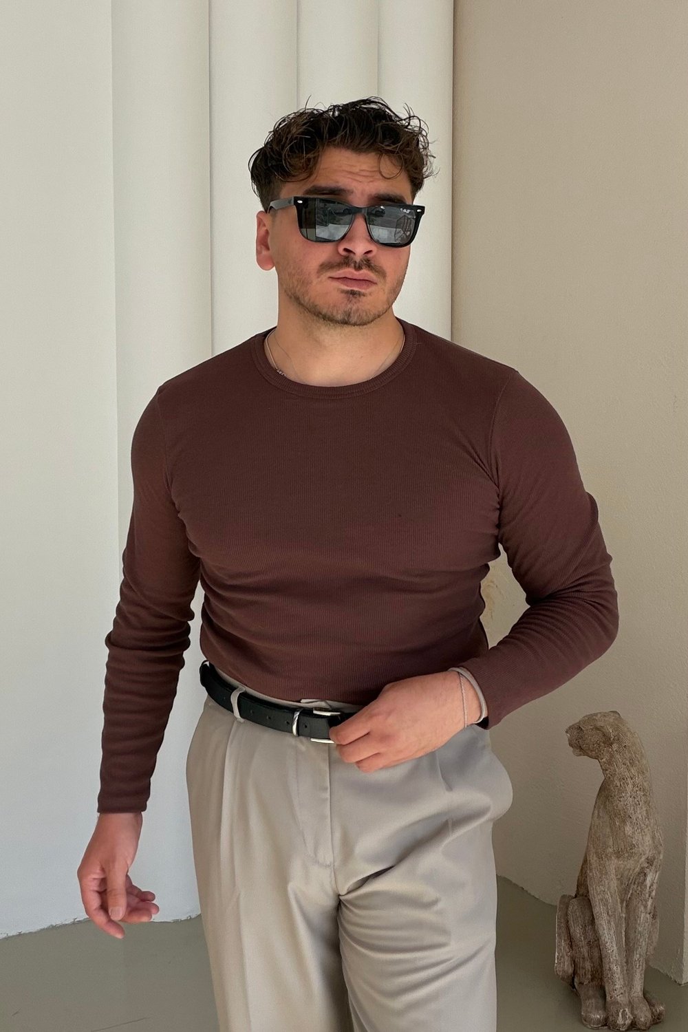 Slimfit Çizgili İnce Sweatshirt Kahve