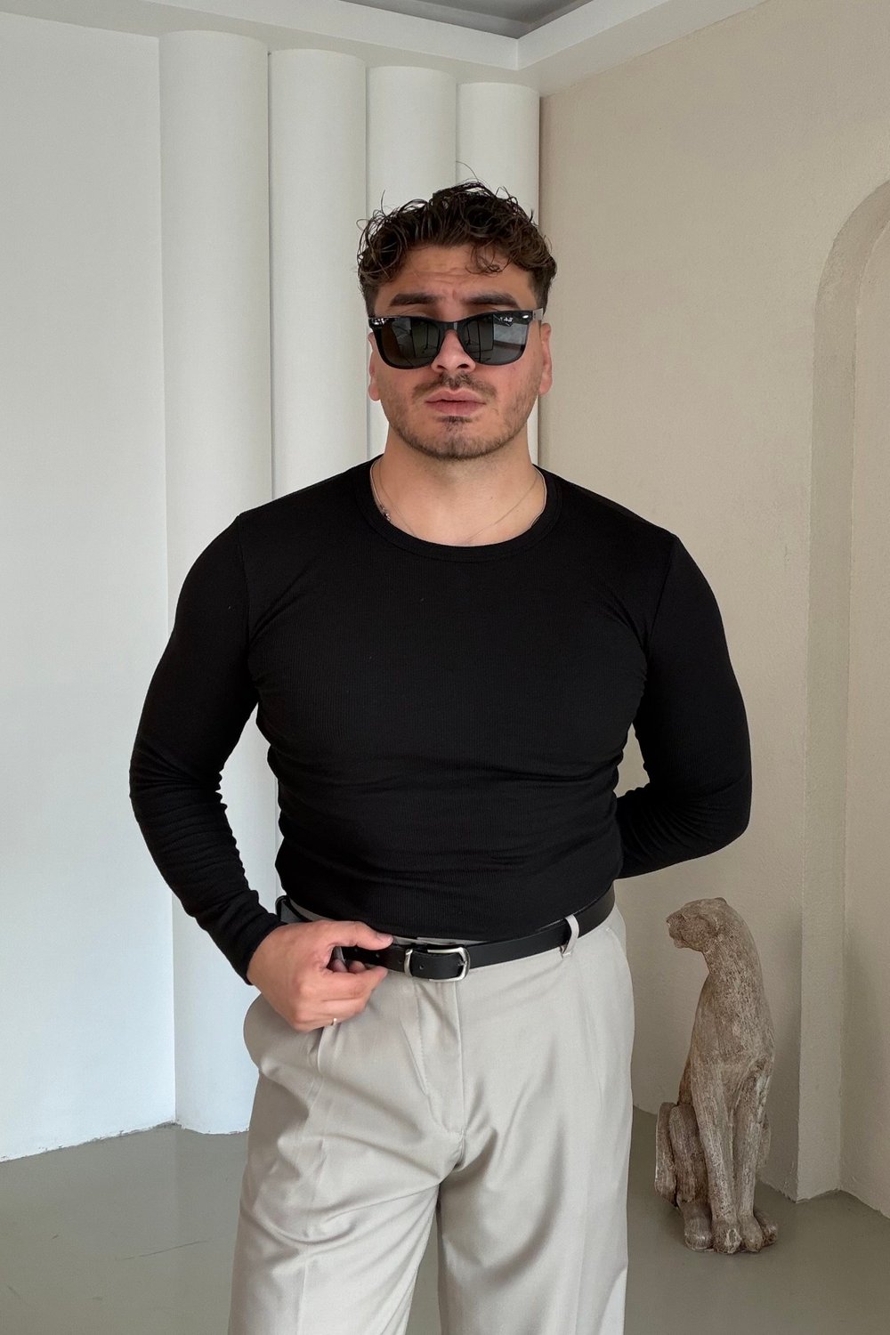 Slimfit Çizgili İnce Sweatshirt Siyah