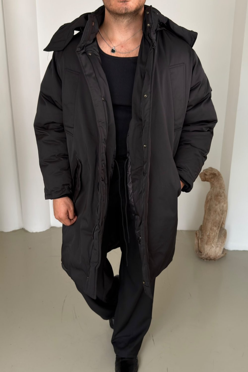 Uzun Şişme Oversize Mont Siyah