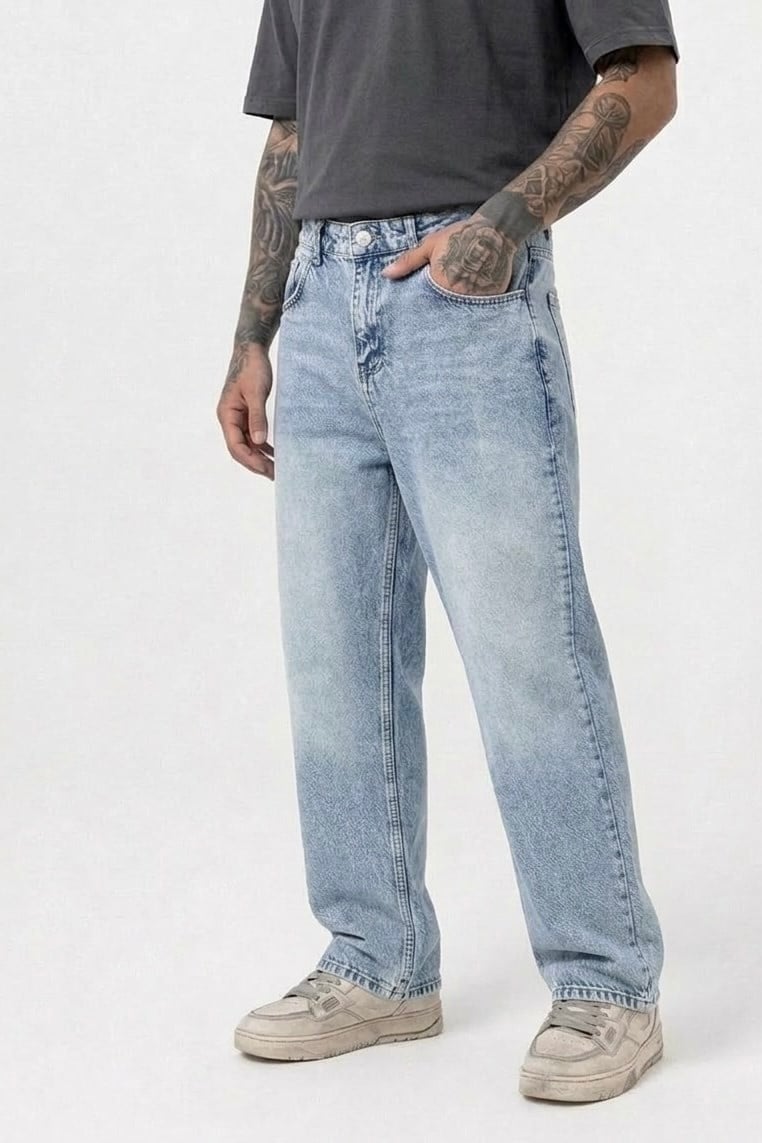 Yıkamalı Baggy Jean Pantolon Açık Mavi