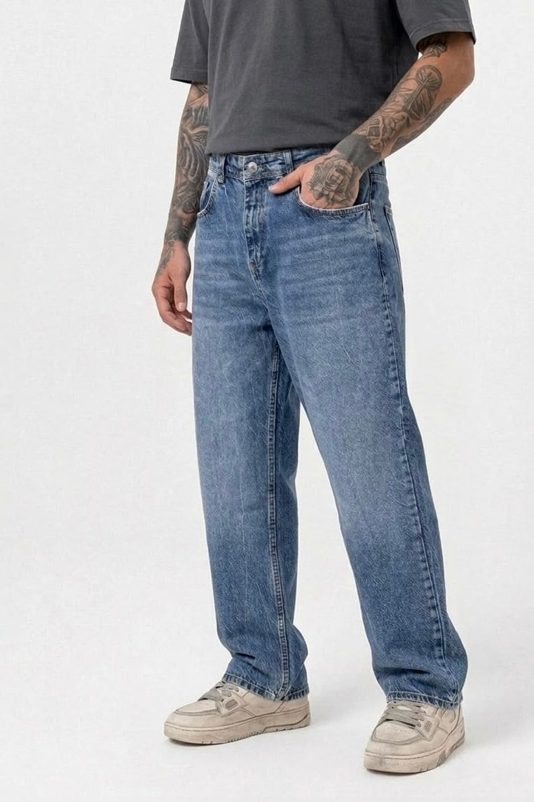 Yıkamalı Baggy Jean Pantolon Lacivert