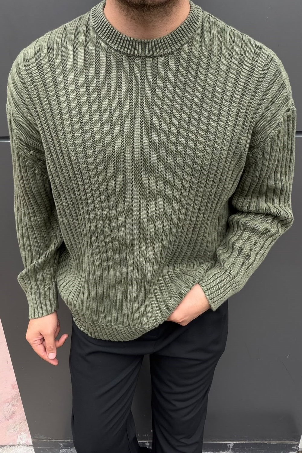 Yıkamalı Oversize Şeritli Kazak Haki