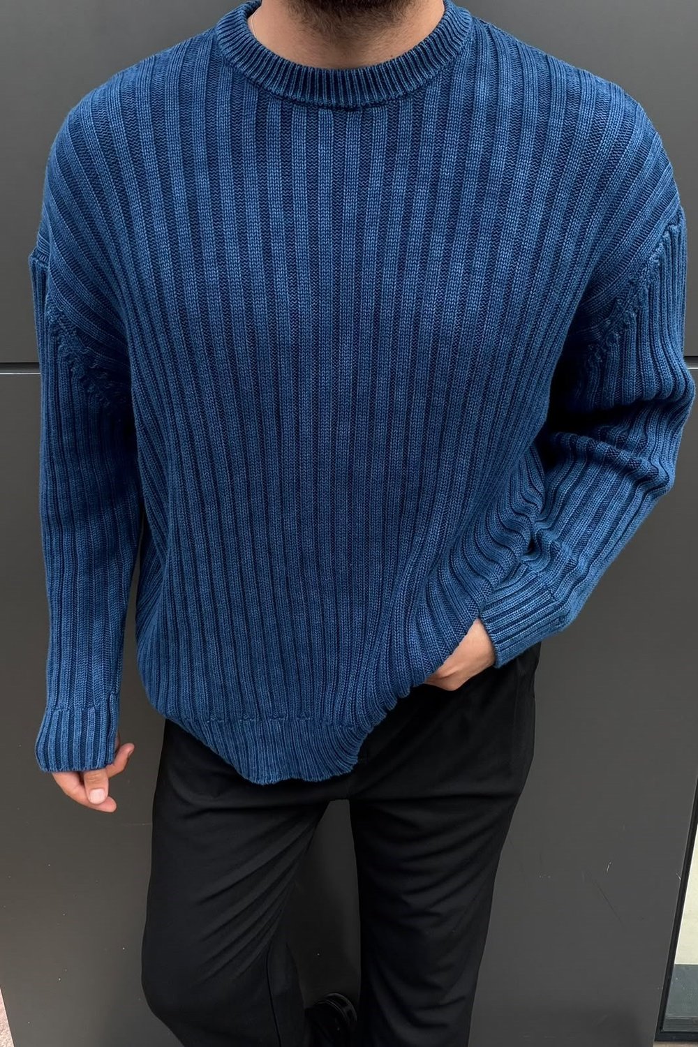 Yıkamalı Oversize Şeritli Kazak Lacivert