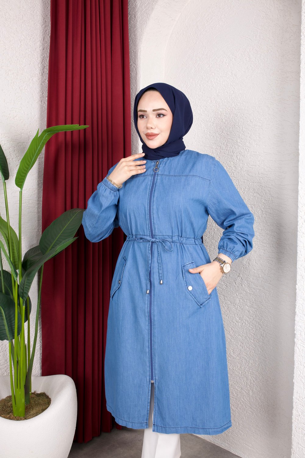 Beli Tünelli ve Cep Detaylı Kot tunik Mavi