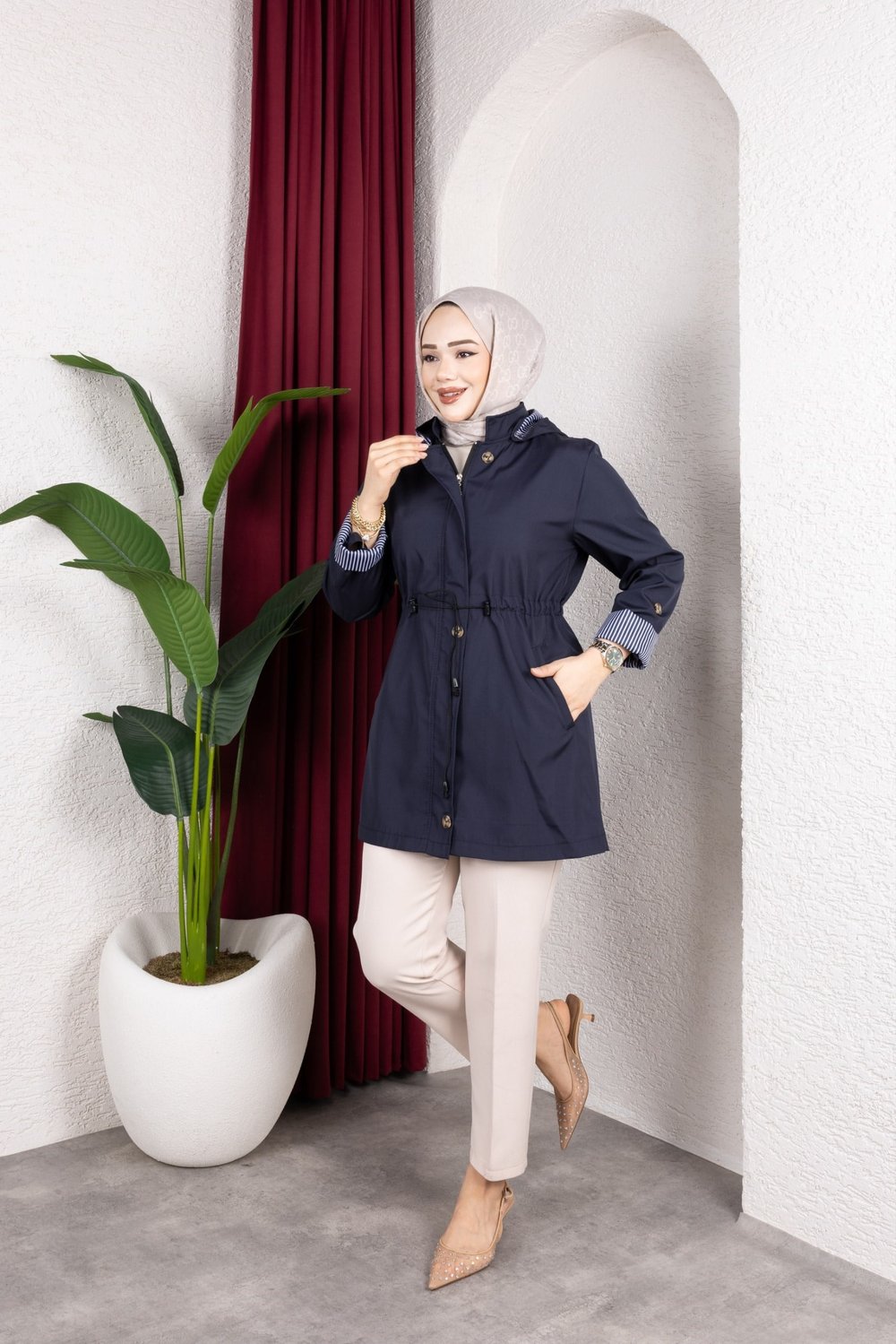 Fermuarlı Beli Tünelli Büyük Beden Trençkot Lacivert