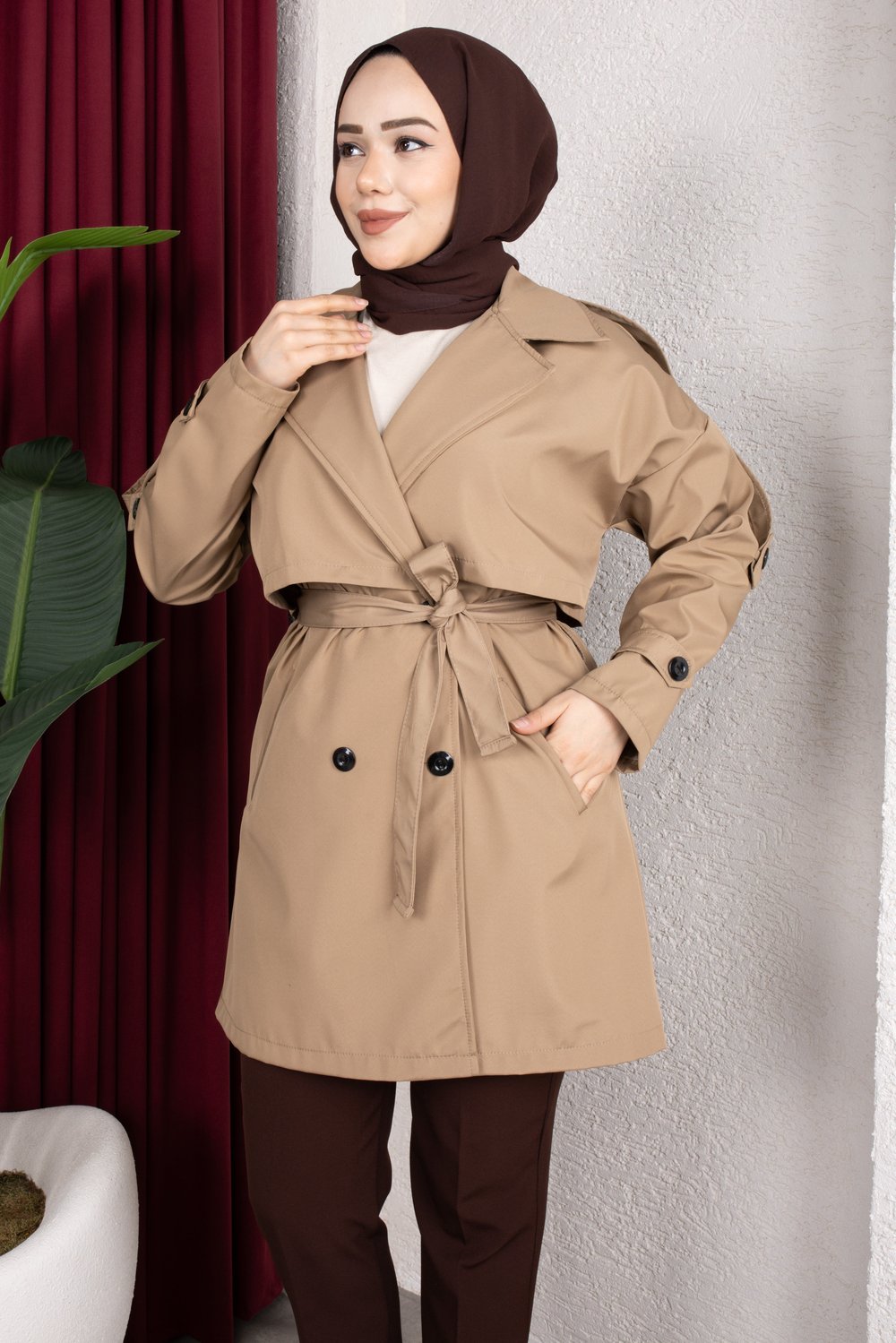 Trençkot Kemerli Apolet Detaylı Astarsız Trençkot Tesettür Trençkot (85cm) - Vizon