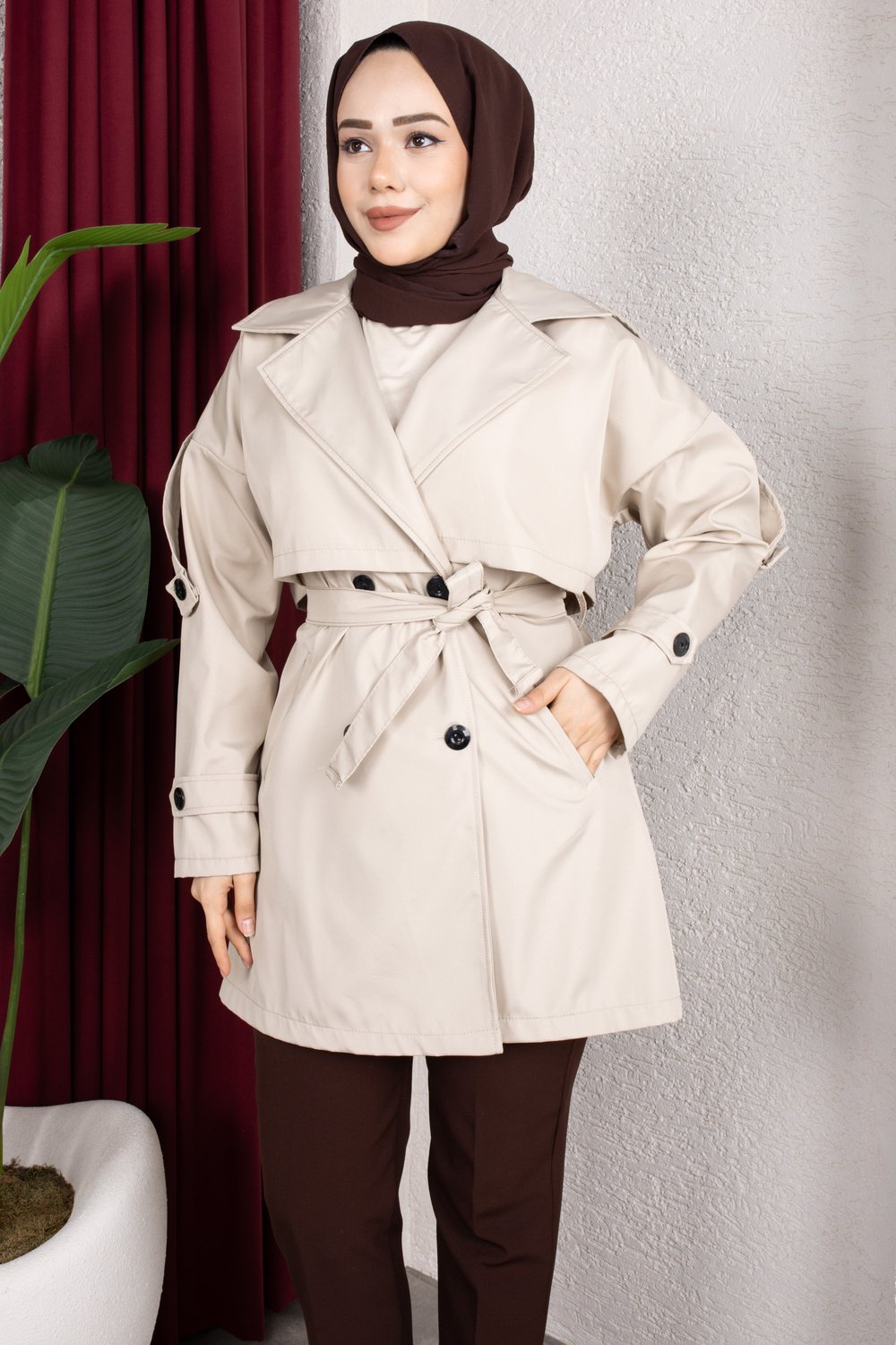 Trençkot Kemerli Apolet Detaylı Astarsız Trençkot Tesettür Trençkot (85cm) - Taş