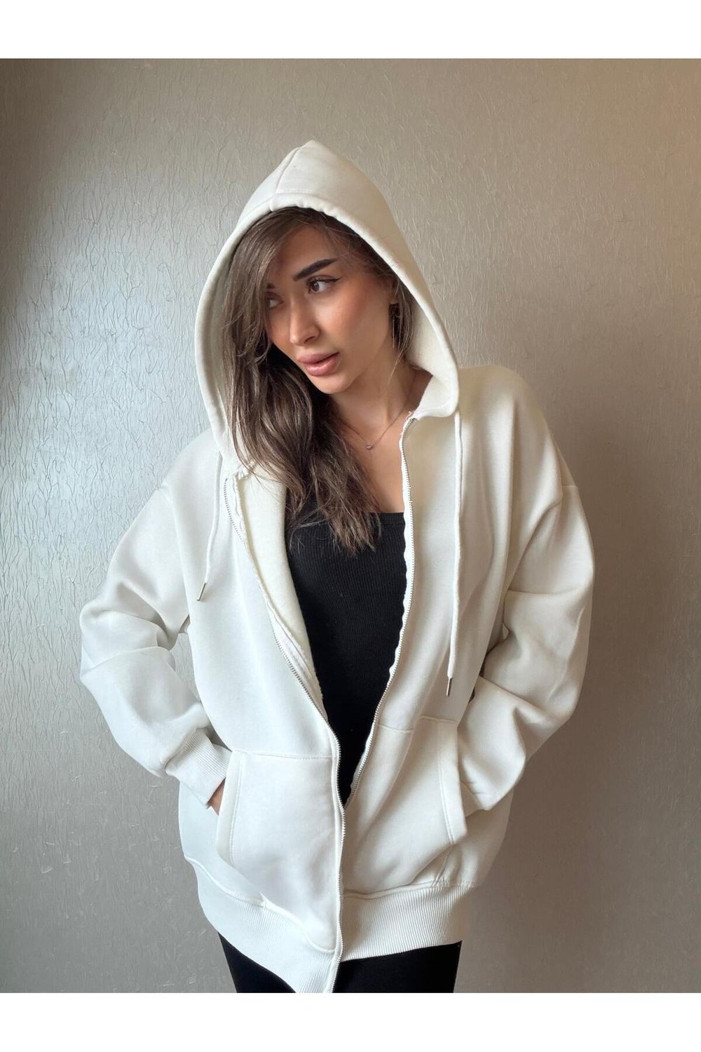 3 İplik Şardonlu Kapüşonlu Oversize Sweatshirt