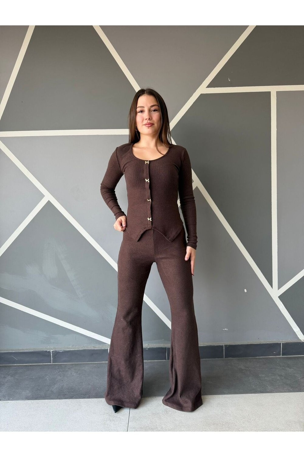 Düğme Detaylı Fitilli Triko Bluz & Wide Leg Pantolon Takımı 