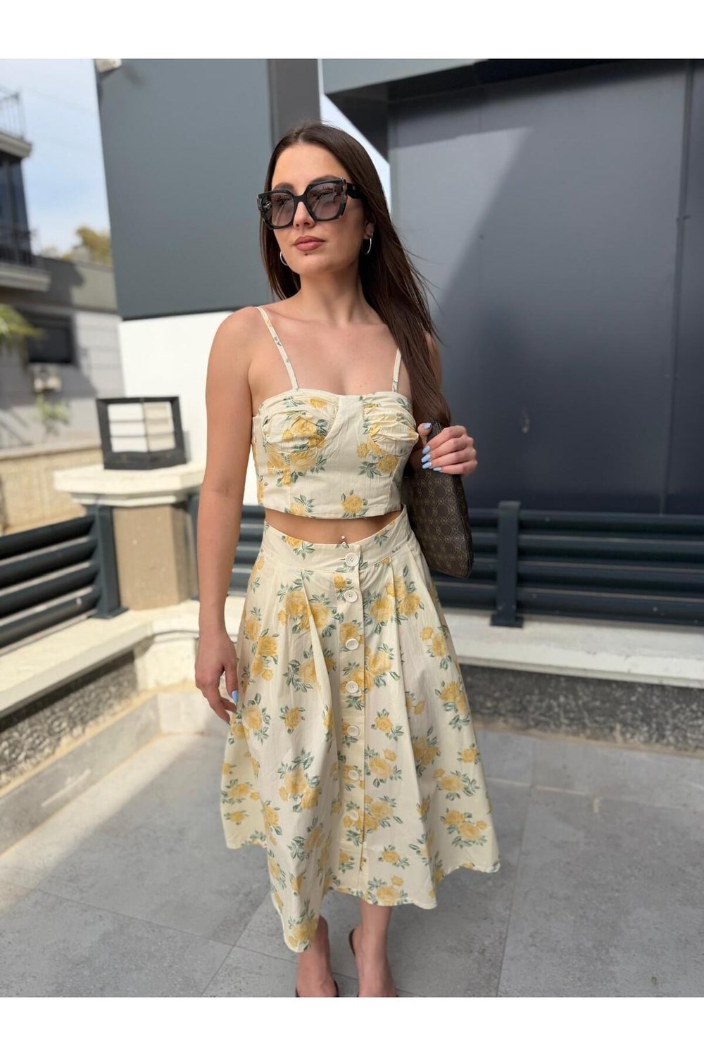 Kadın Çiçek Desenli Crop Bluz & Midi Etek Takım