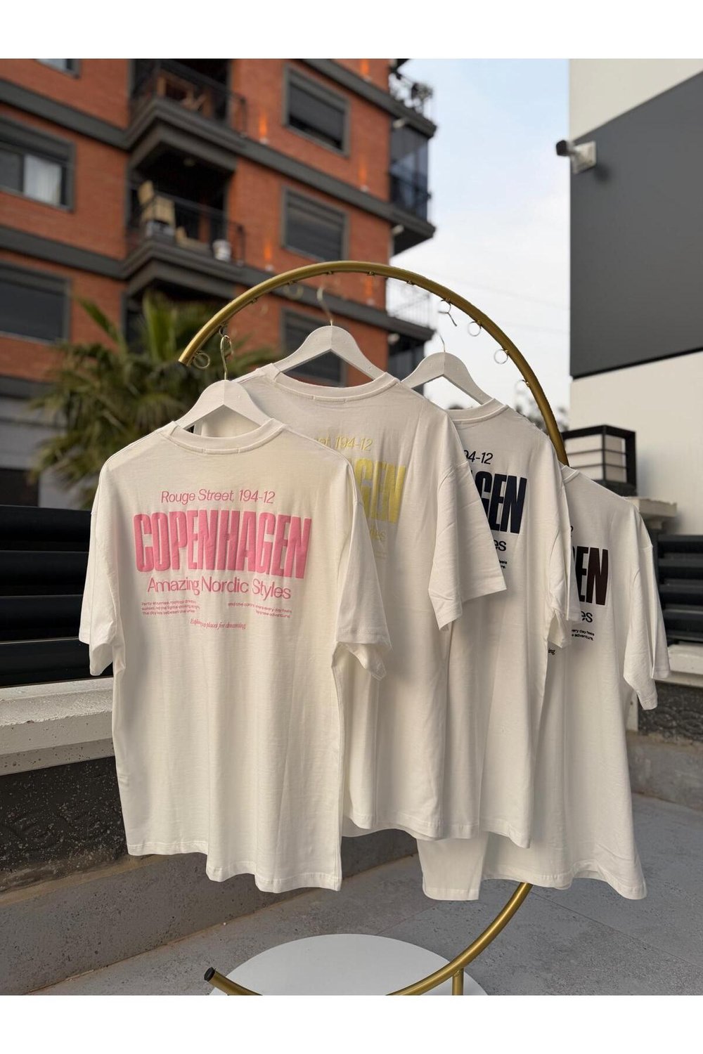 Kadın Oversize Baskılı Tişört COPENHAGEN Yazılı Salaş Kesim Basic Beyaz T-Shirt