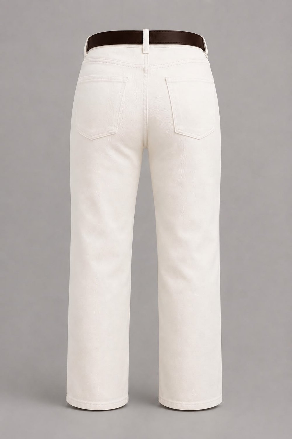 Kadın Yüksek Bel Kemerli Straight Fit Krem Jean Pantolon