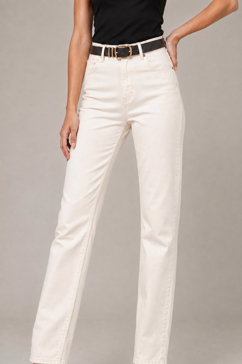 Kadın Yüksek Bel Kemerli Straight Fit Krem Jean Pantolon