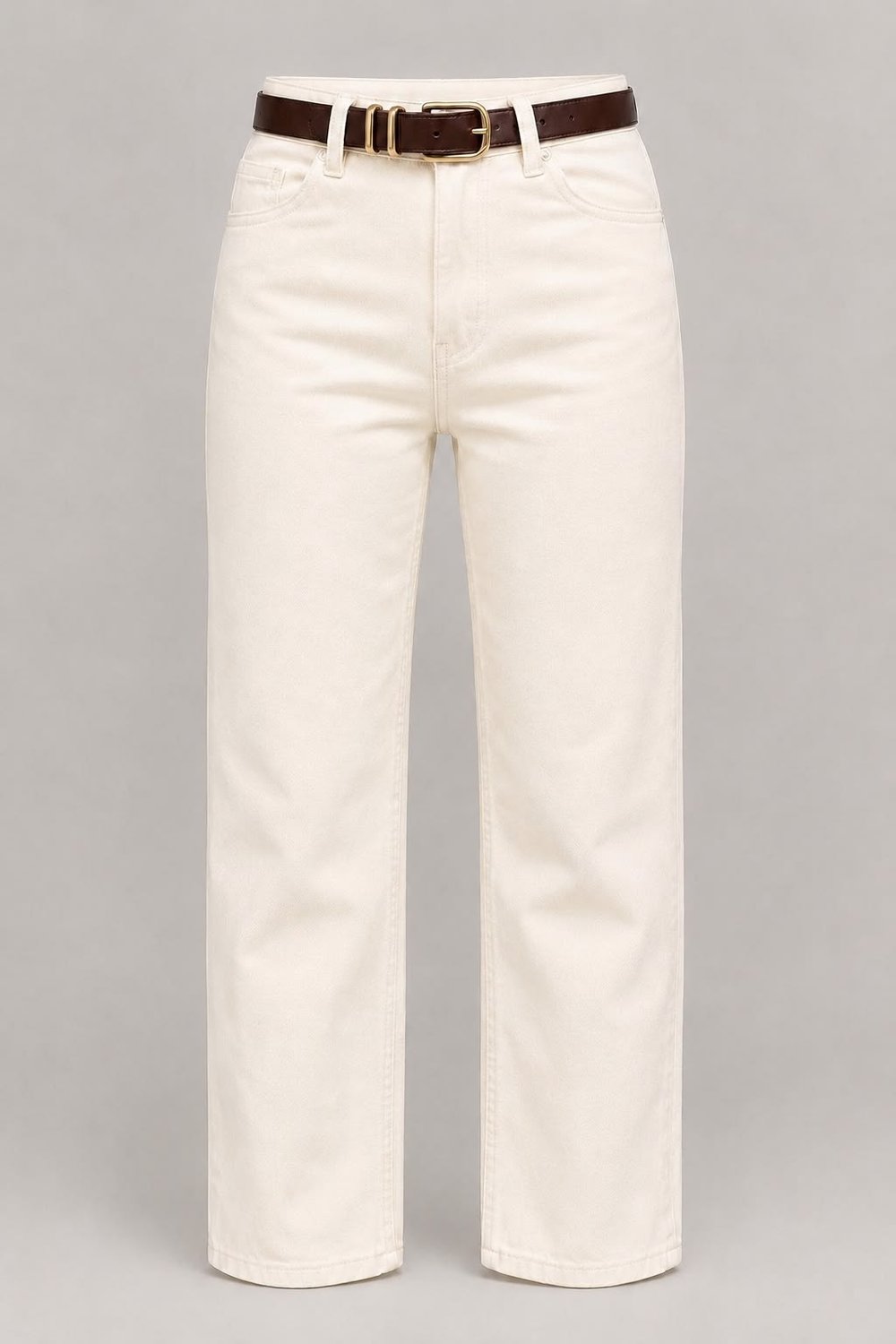 Kadın Yüksek Bel Kemerli Straight Fit Krem Jean Pantolon