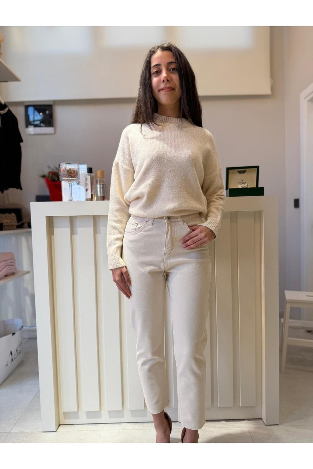 Kadın Yüksek Bel Mom Fit Jean Pantolon – Ekru Düz Paça Denim