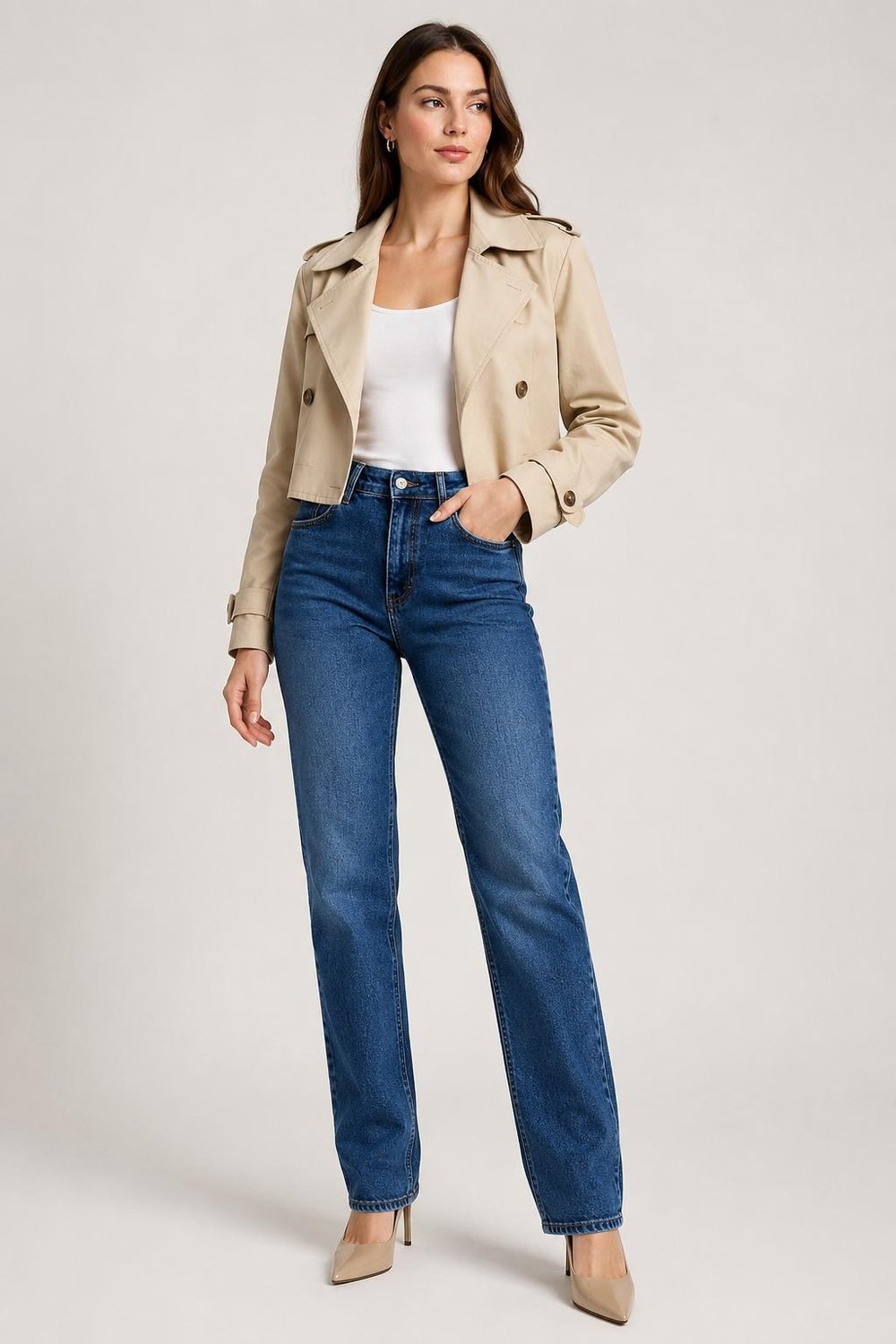 Kadın Yüksek Bel Straight Fit Koyu Mavi Jean Pantolon