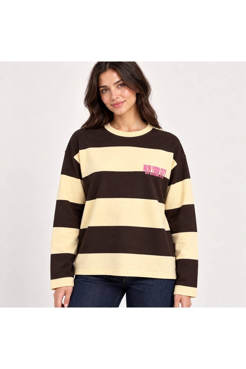 New York Baskılı Oversize Çizgili Sweatshirt