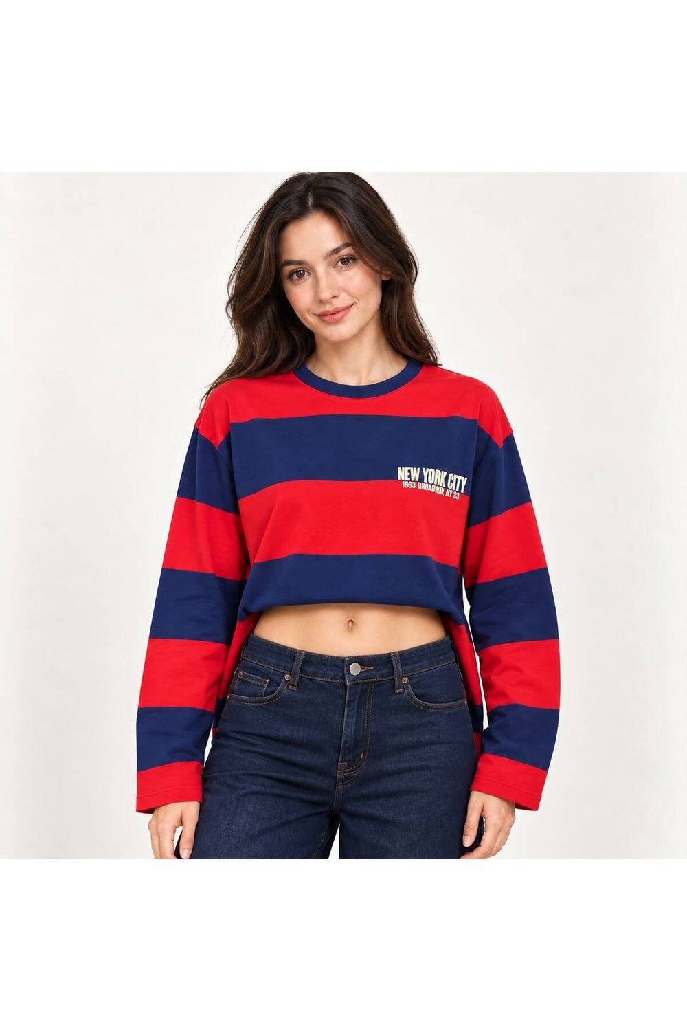 New York Baskılı Oversize Çizgili Sweatshirt