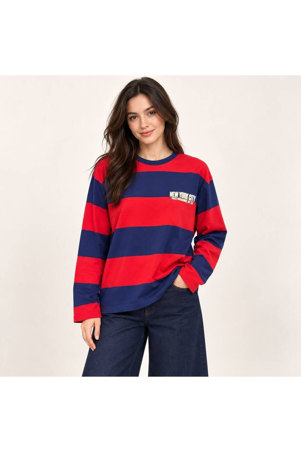 New York Baskılı Oversize Çizgili Sweatshirt