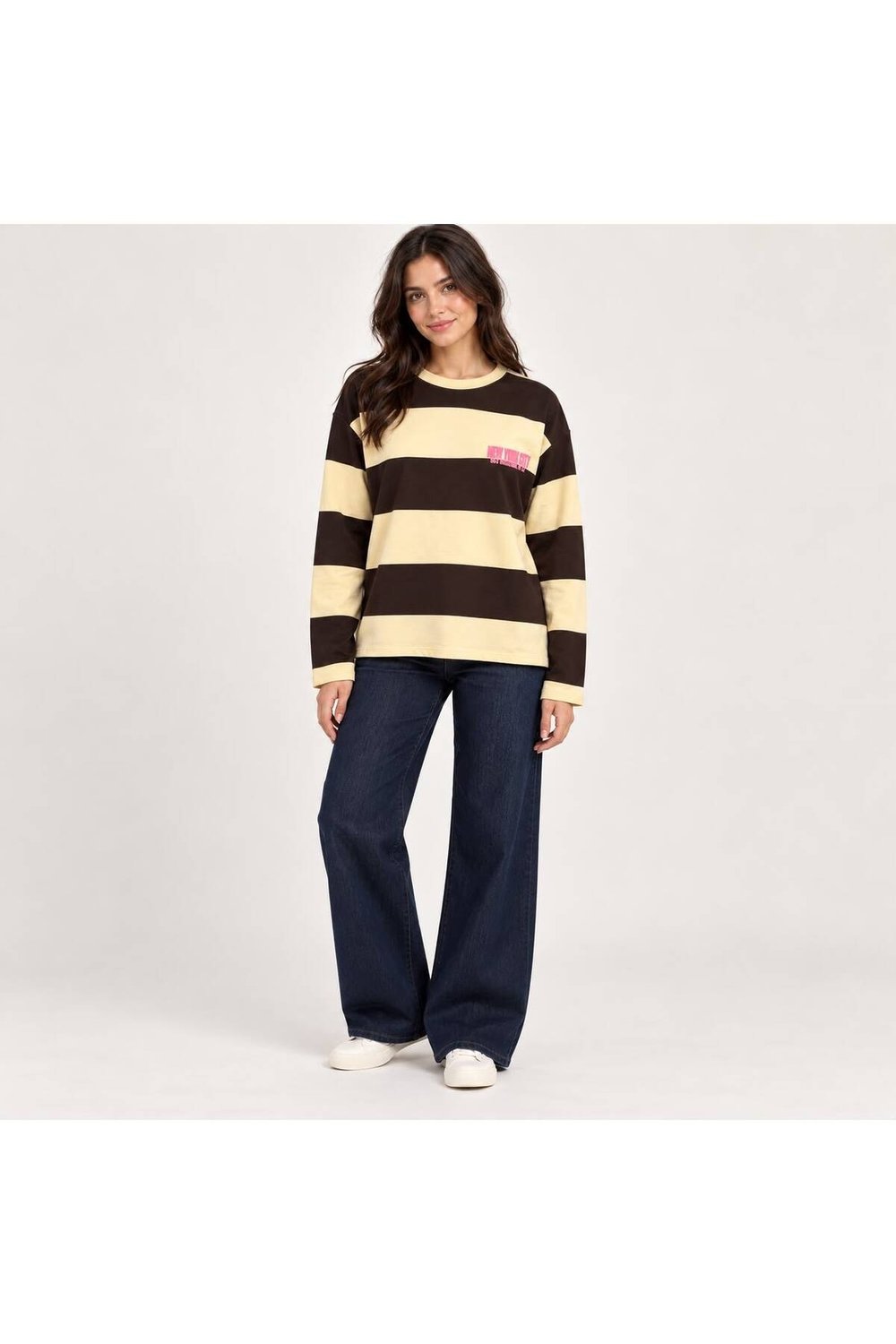 New York Baskılı Oversize Çizgili Sweatshirt