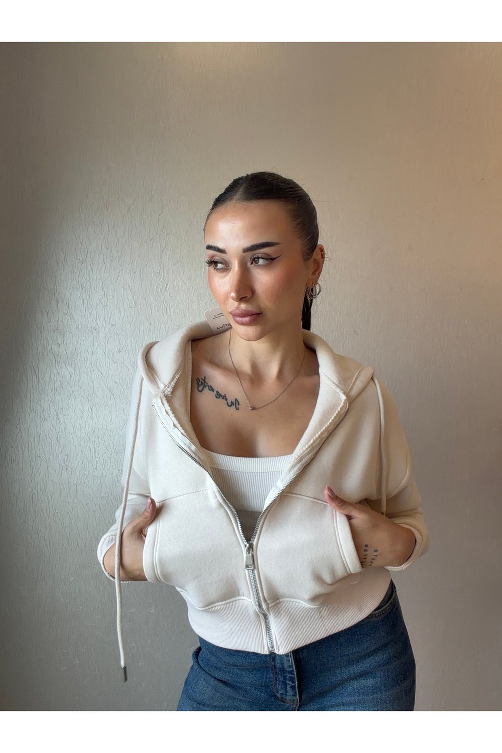 Üç İplik Kapşonlu Fermuarlı Sweatshirt