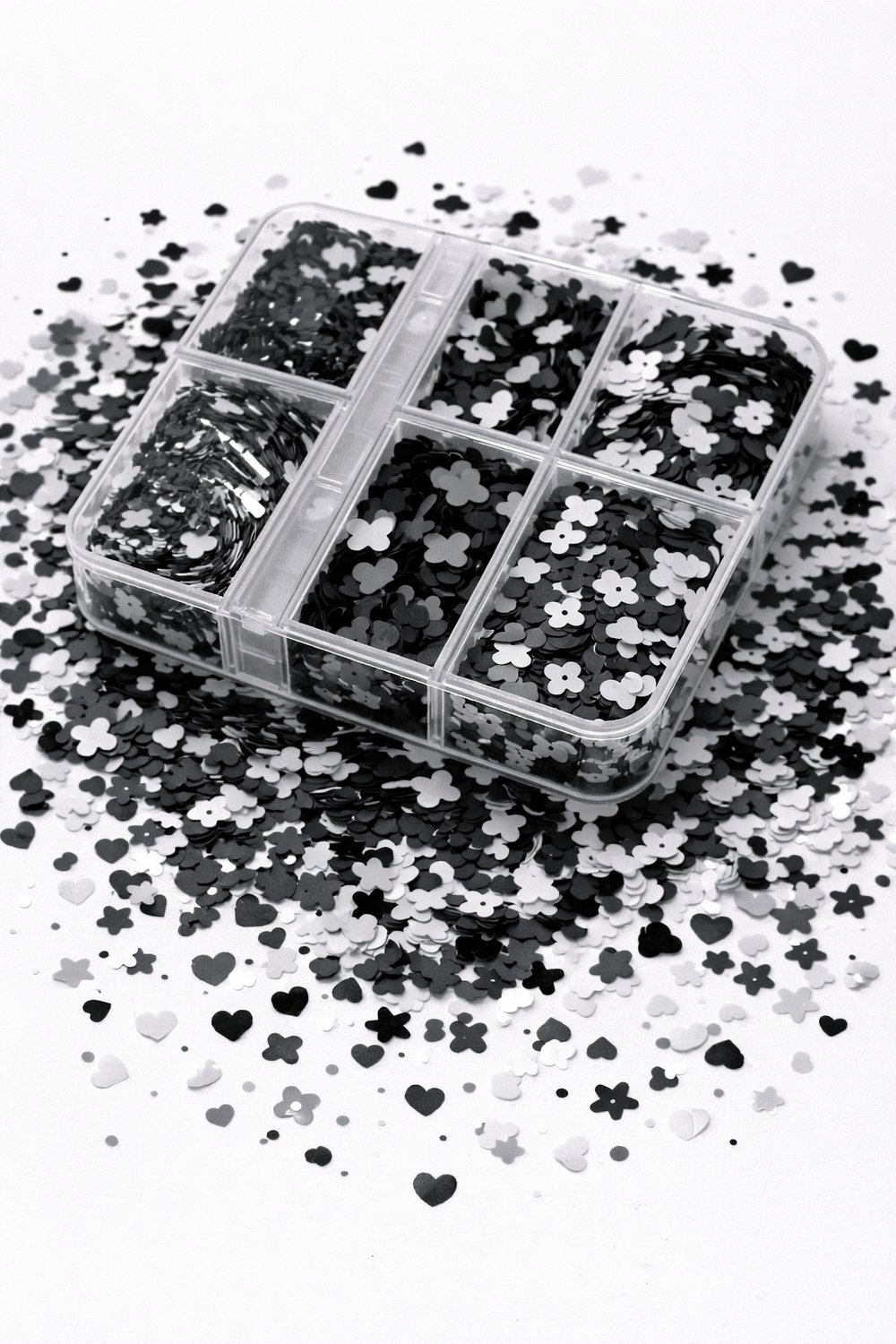 Black & White Mix Clover Nail Glitter Box