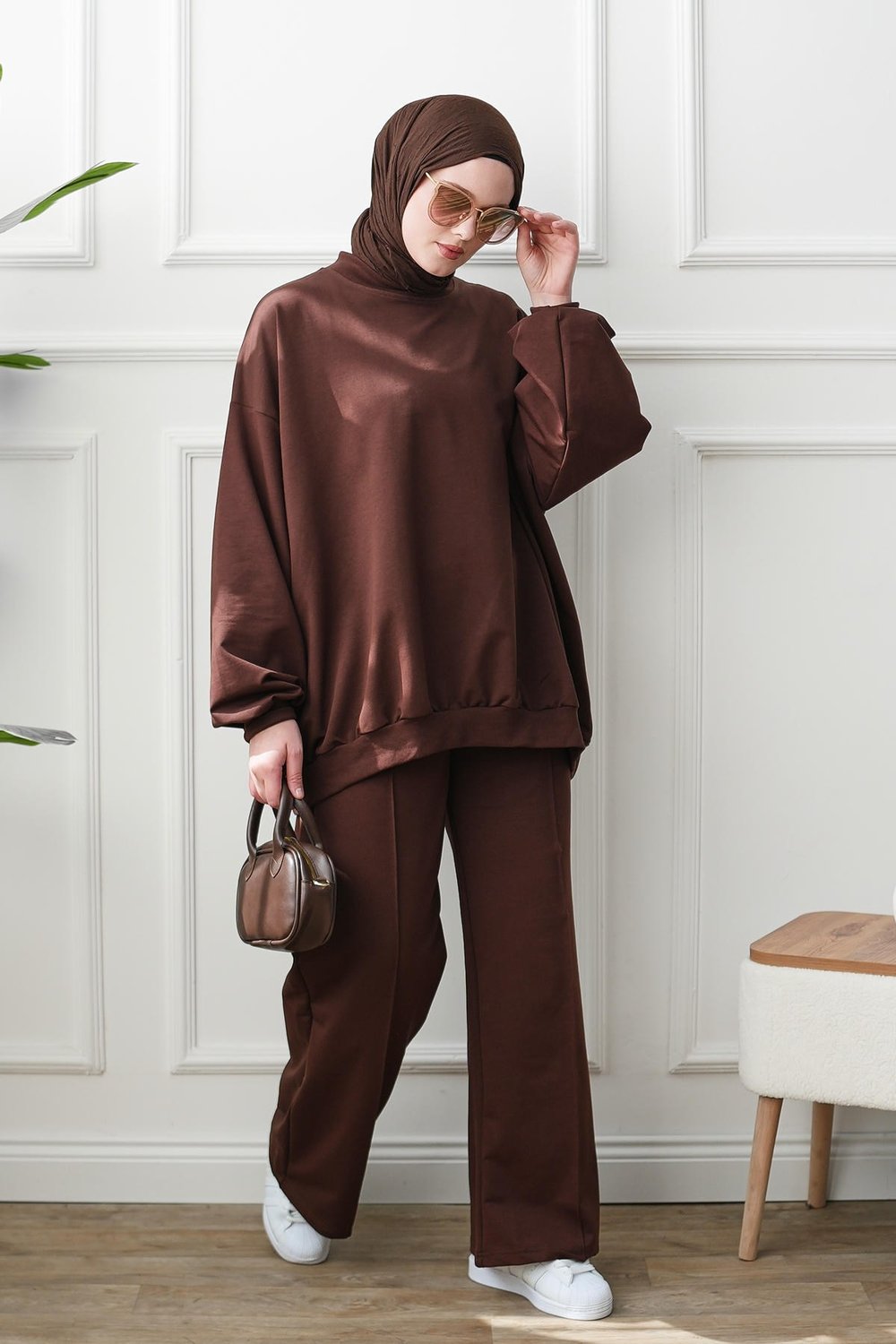 Bol Sweat Pantolon Takım - Kahverengi