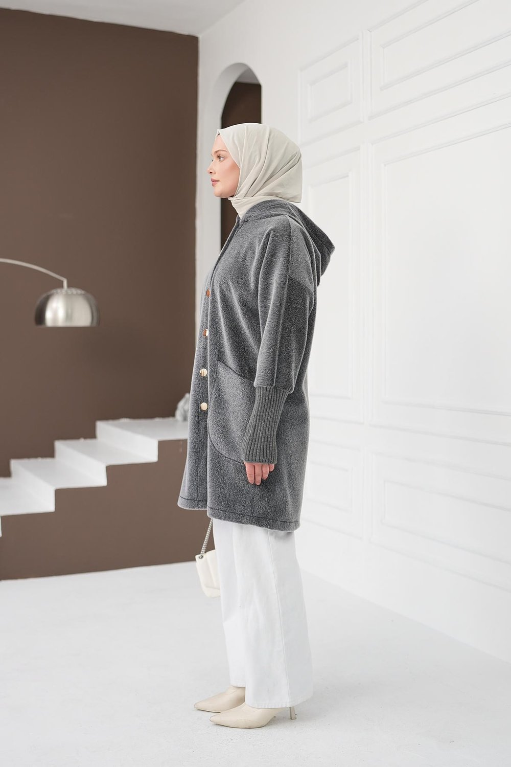 Fermuarlı Cepli Fox Hırka - Gri
