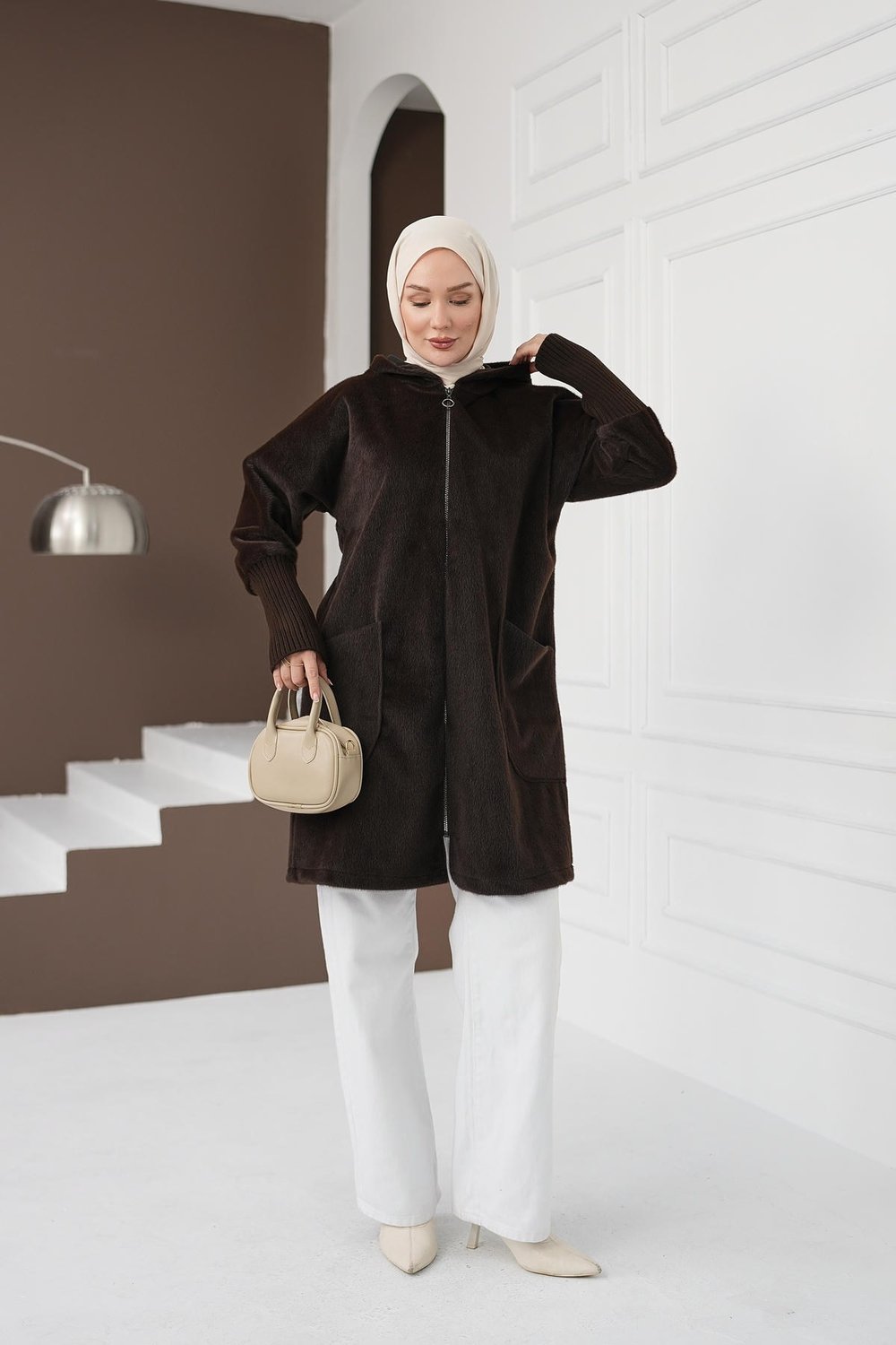 Fermuarlı Cepli Fox Hırka - Kahverengi