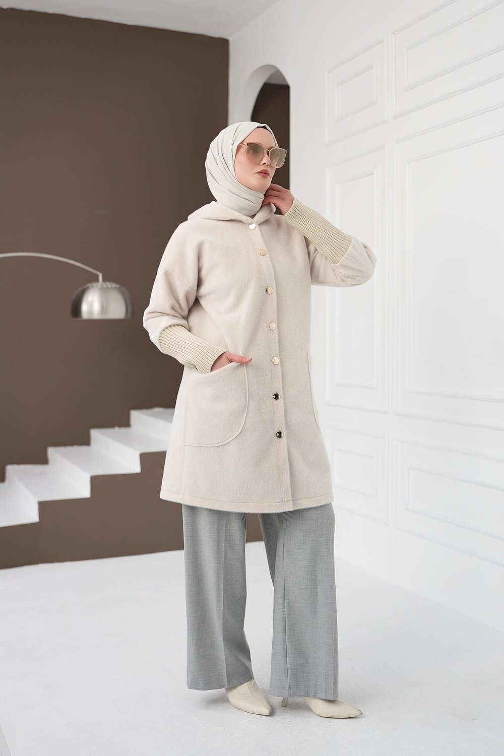 Fermuarlı Cepli Fox Hırka - Krem