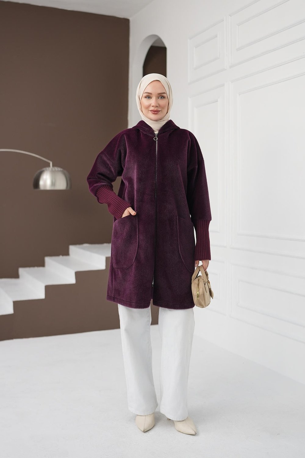 Fermuarlı Cepli Fox Hırka - Mürdüm