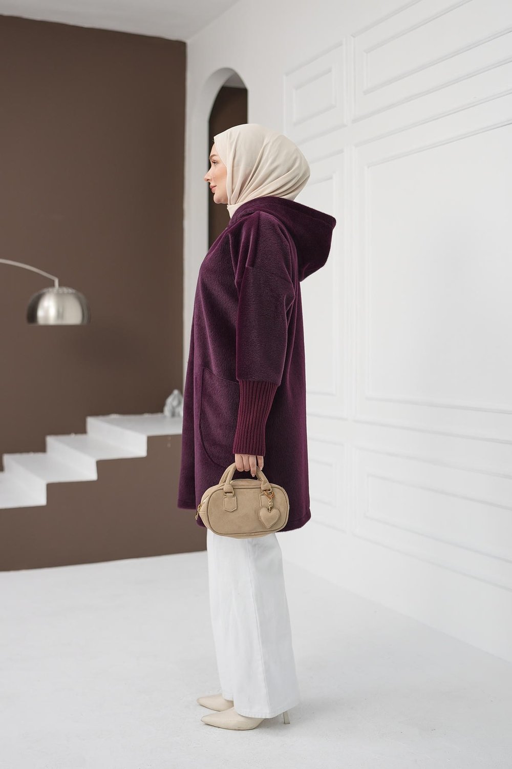 Fermuarlı Cepli Fox Hırka - Mürdüm