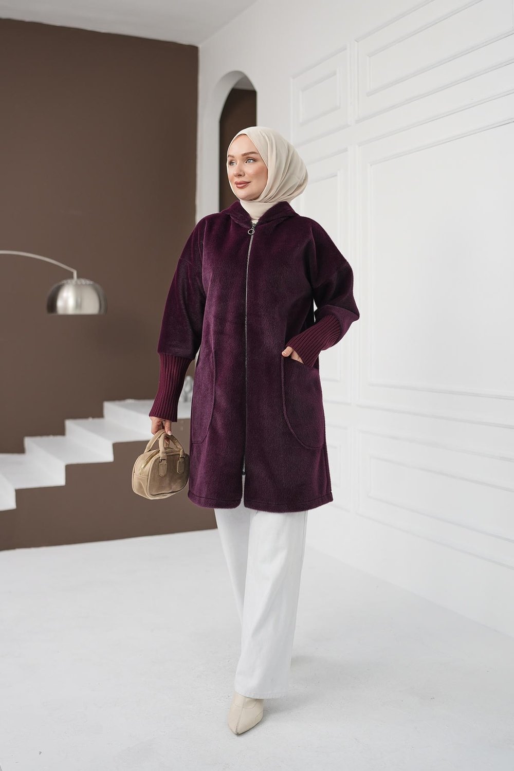 Fermuarlı Cepli Fox Hırka - Mürdüm