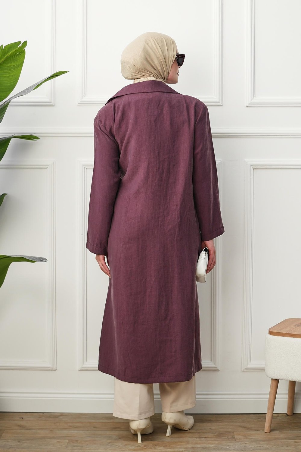 Gömlek Yaka Yırtmaçlı Kimono Kap - Bordo