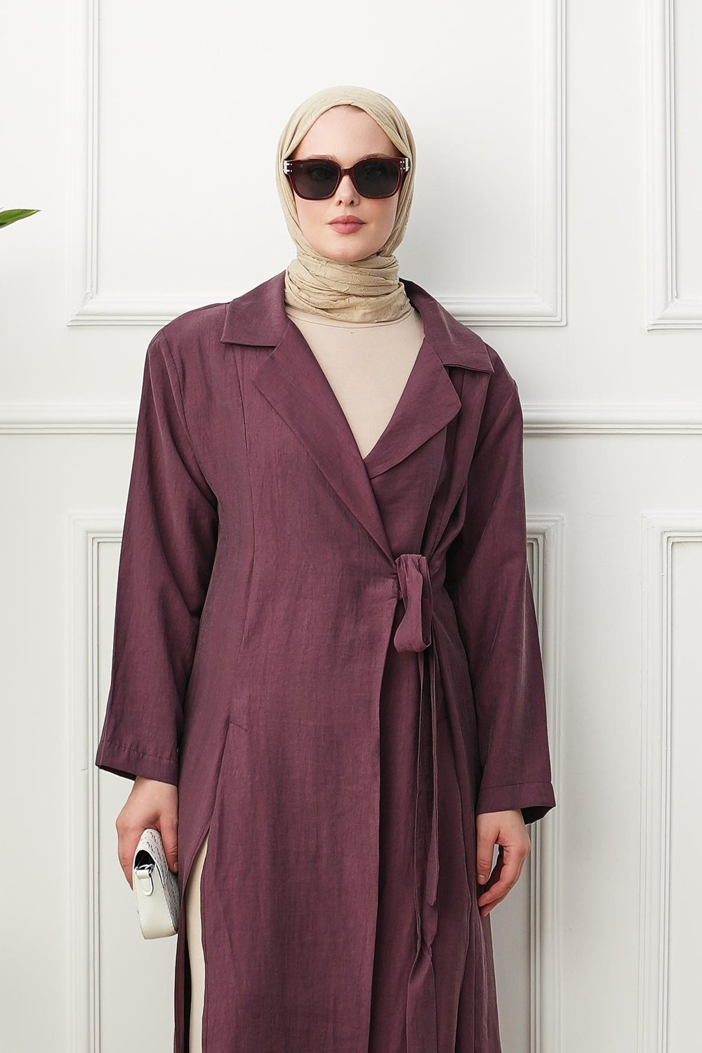 Gömlek Yaka Yırtmaçlı Kimono Kap - Bordo