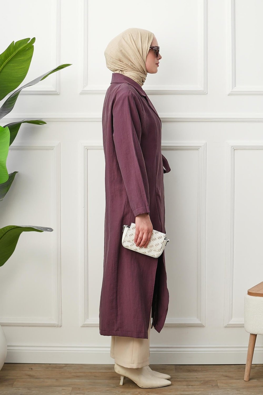 Gömlek Yaka Yırtmaçlı Kimono Kap - Bordo