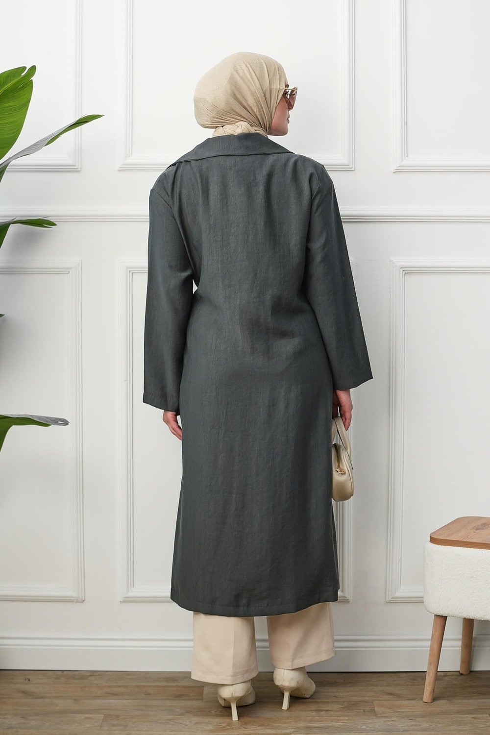 Gömlek Yaka Yırtmaçlı Kimono Kap - Gri