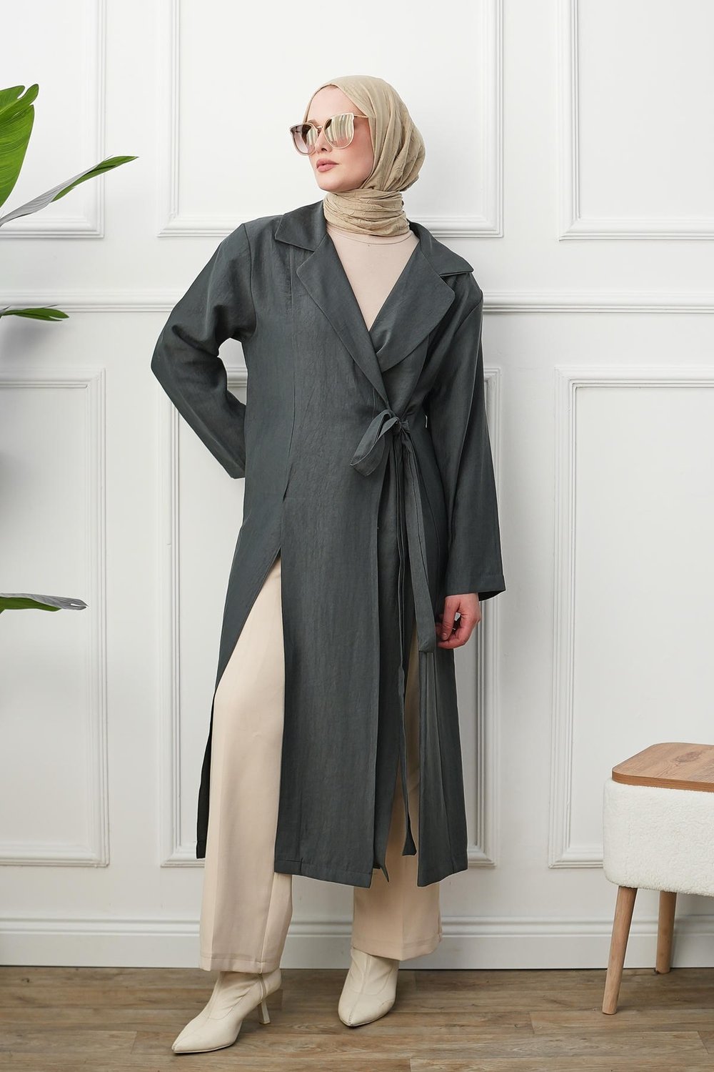 Gömlek Yaka Yırtmaçlı Kimono Kap - Gri