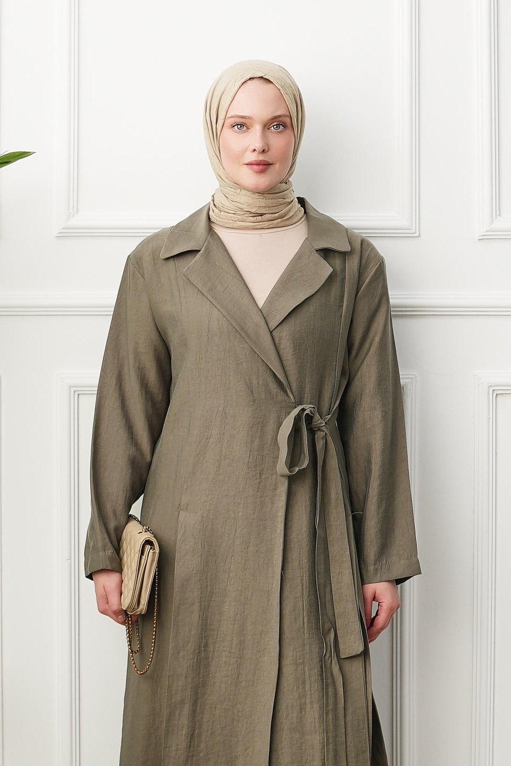 Gömlek Yaka Yırtmaçlı Kimono Kap - Haki